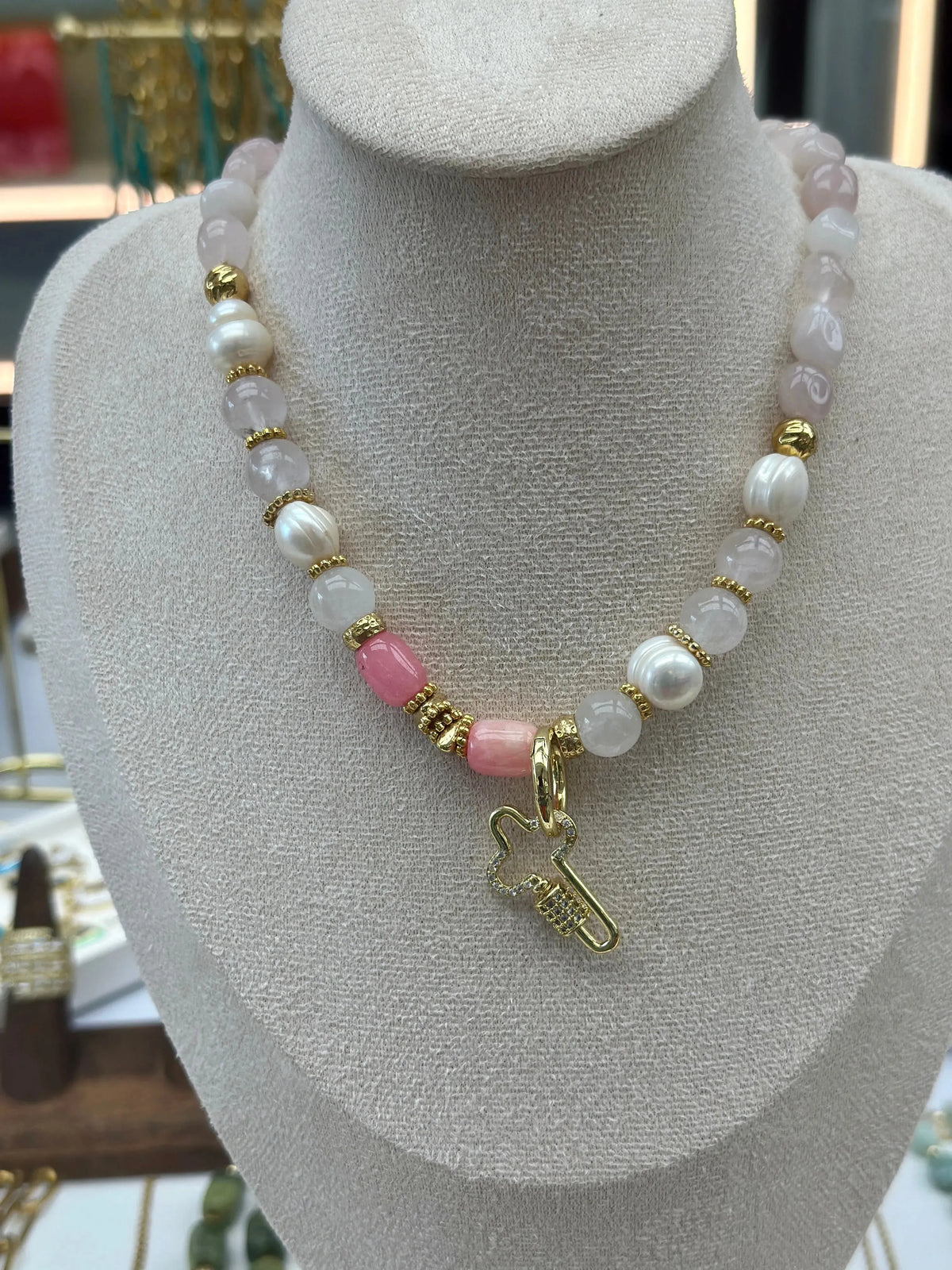 Daphne Pink Quartz Necklace w Cross - Penelope Made This 