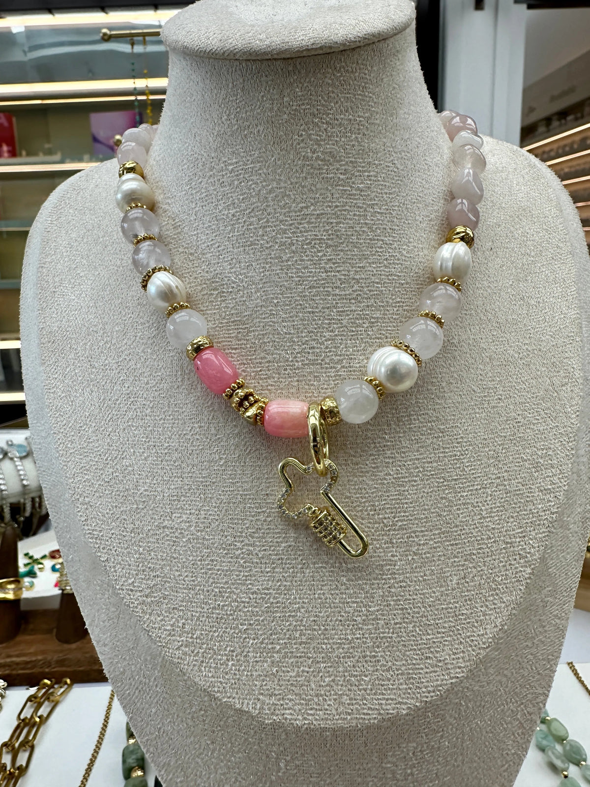 Daphne Pink Quartz Necklace w Cross - Penelope Made This 